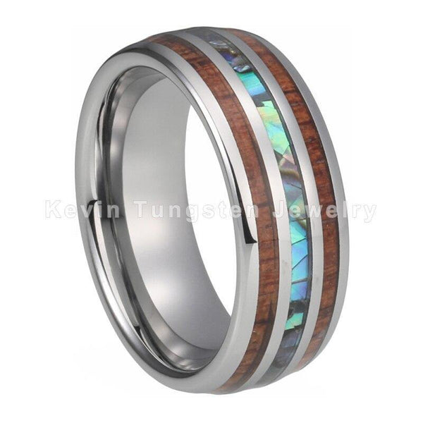 Planet Gates Wedding Bands Tungsten Ring Width 8MM Abalone Shell and Koa Wood Inlay Domed Shape Polished Shiny Comfort Fit