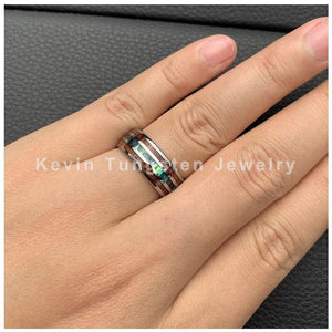 Planet Gates Wedding Bands Tungsten Ring Width 8MM Abalone Shell and Koa Wood Inlay Domed Shape Polished Shiny Comfort Fit