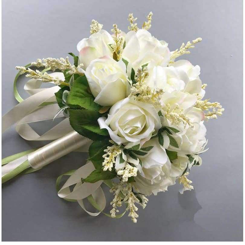 Planet Gates Wedding Bouquets Artificial Flowers 18 White Rose Wheat ears Bridal Party Accessories With Ribbon 2018 New Arrival