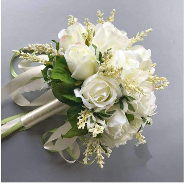 Planet Gates Wedding Bouquets Artificial Flowers 18 White Rose Wheat ears Bridal Party Accessories With Ribbon 2018 New Arrival