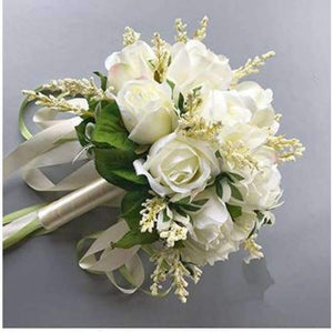 Planet Gates Wedding Bouquets Artificial Flowers 18 White Rose Wheat ears Bridal Party Accessories With Ribbon 2018 New Arrival