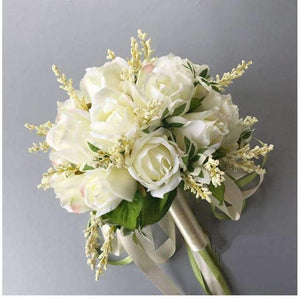 Planet Gates Wedding Bouquets Artificial Flowers 18 White Rose Wheat ears Bridal Party Accessories With Ribbon 2018 New Arrival