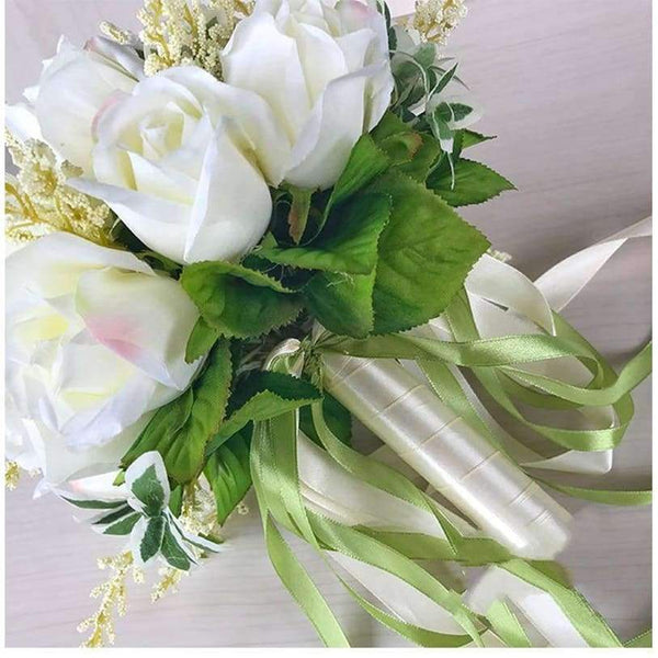 Planet Gates Wedding Bouquets Artificial Flowers 18 White Rose Wheat ears Bridal Party Accessories With Ribbon 2018 New Arrival