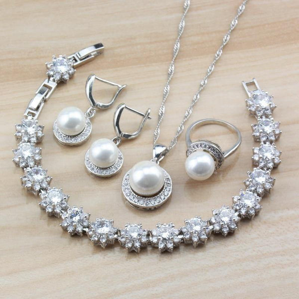 Planet Gates Wedding Bridal Costume 925 Silver Jewelry Sets With Natural Freshwater Pearl White Stone CZ For Women Sets