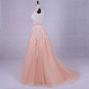 Planet Gates Wedding Dress  Peach Lace Appliques Beaded V-neck Pictures Real Plus Size A-Line Custom made Long Prom Party Dress Hot Sale