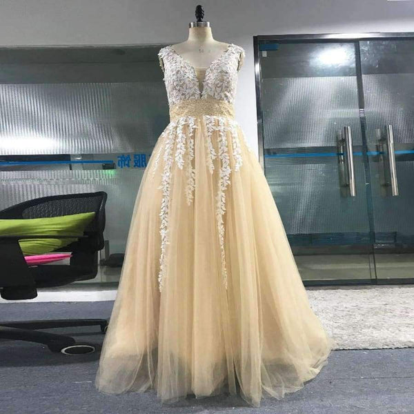 Planet Gates Wedding Dress  Peach Lace Appliques Beaded V-neck Pictures Real Plus Size A-Line Custom made Long Prom Party Dress Hot Sale