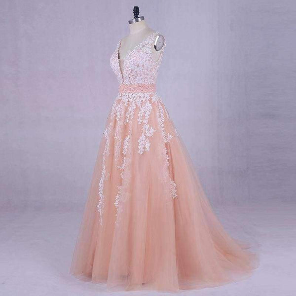 Planet Gates Wedding Dress  Peach Lace Appliques Beaded V-neck Pictures Real Plus Size A-Line Custom made Long Prom Party Dress Hot Sale