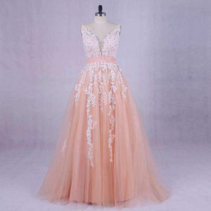 Planet Gates Wedding Dress  Peach Lace Appliques Beaded V-neck Pictures Real Plus Size A-Line Custom made Long Prom Party Dress Hot Sale