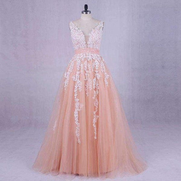Planet Gates Wedding Dress  Peach Lace Appliques Beaded V-neck Pictures Real Plus Size A-Line Custom made Long Prom Party Dress Hot Sale
