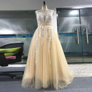 Planet Gates Wedding Dress  Peach Lace Appliques Beaded V-neck Pictures Real Plus Size A-Line Custom made Long Prom Party Dress Hot Sale