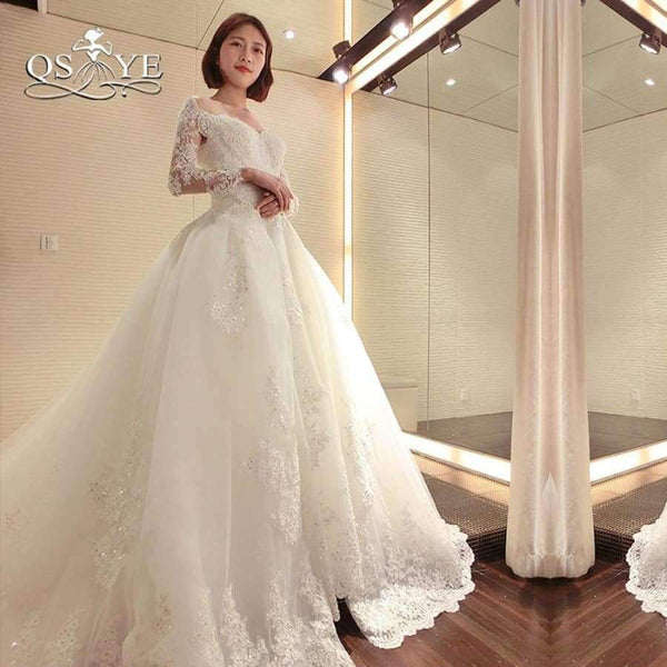 Planet Gates Wedding Dresses with Detachable Train 2018 New Arrival Long Sleeve Sweetheart Beaded Appliques Bridal Dress Gown