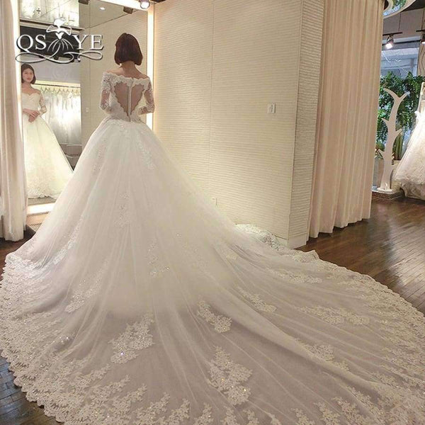 Planet Gates Wedding Dresses with Detachable Train 2018 New Arrival Long Sleeve Sweetheart Beaded Appliques Bridal Dress Gown