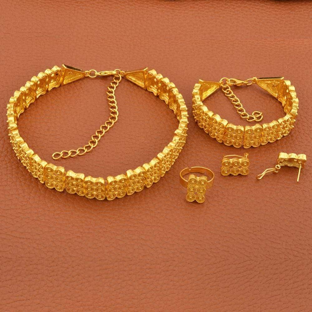 Planet Gates Wedding Gifts Ethiopian Chokers Necklace Bracelet Earring Ring Gold Color Jewelry set #J0771