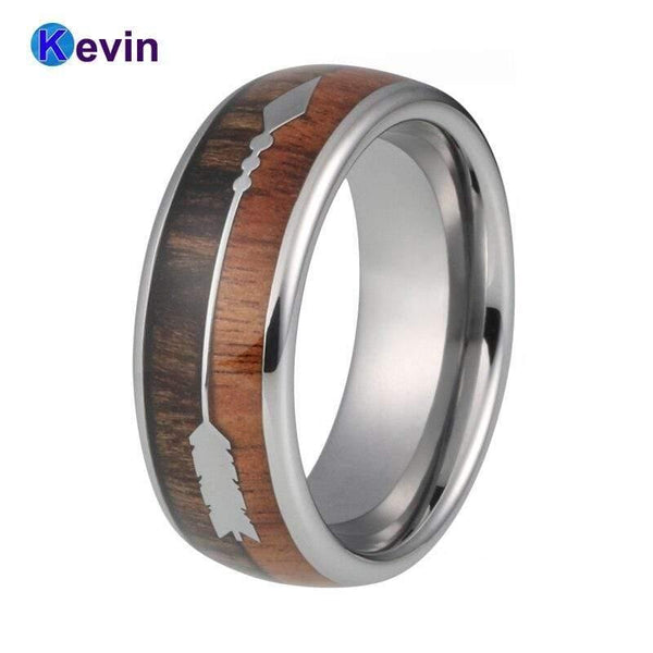 Planet Gates Wedding Ring With Koa Wood Black Meteorite And Arrow Inlay Dome Band Comfort Fit New Arrivals