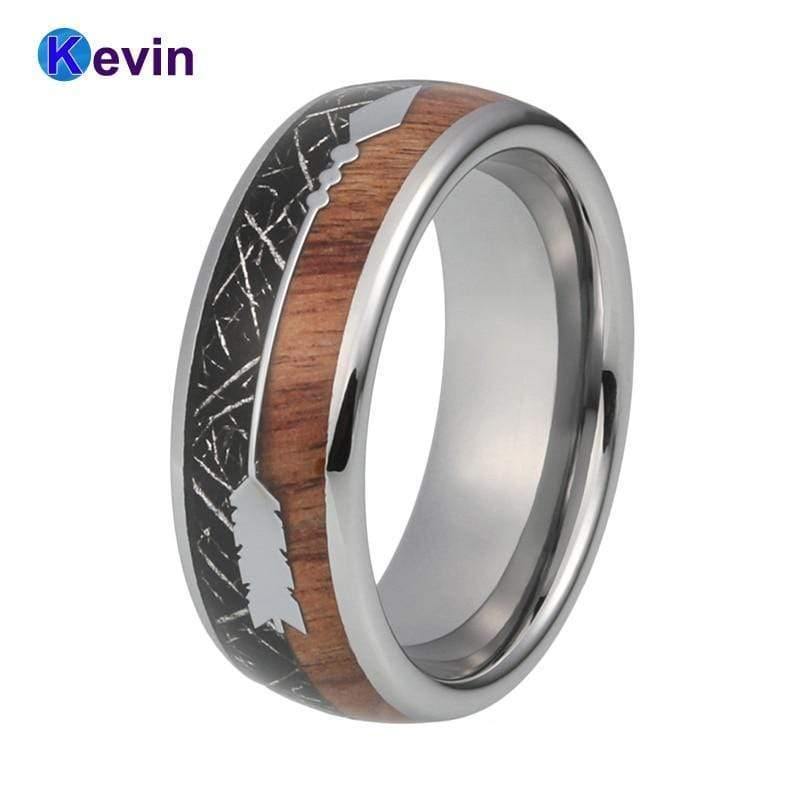 Planet Gates Wedding Ring With Koa Wood Black Meteorite And Arrow Inlay Dome Band Comfort Fit New Arrivals