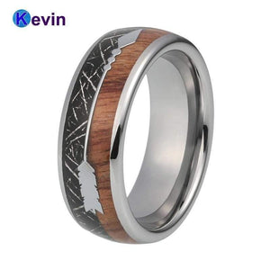 Planet Gates Wedding Ring With Koa Wood Black Meteorite And Arrow Inlay Dome Band Comfort Fit New Arrivals