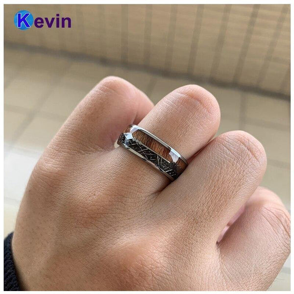 Planet Gates Wedding Ring With Koa Wood Black Meteorite And Arrow Inlay Dome Band Comfort Fit New Arrivals
