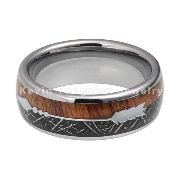 Planet Gates Wedding Ring With Koa Wood Black Meteorite And Arrow Inlay Dome Band Comfort Fit New Arrivals