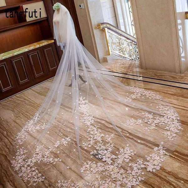 Planet Gates Wedding Veil With Comb Pink Flower arrangement Appliques Soft Tulle 3m Meters Long Bridal Veil Wedding Accessories