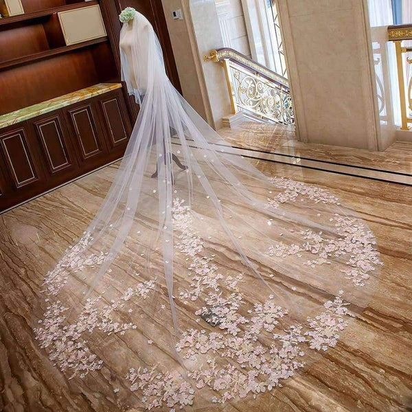 Planet Gates Wedding Veil With Comb Pink Flower arrangement Appliques Soft Tulle 3m Meters Long Bridal Veil Wedding Accessories