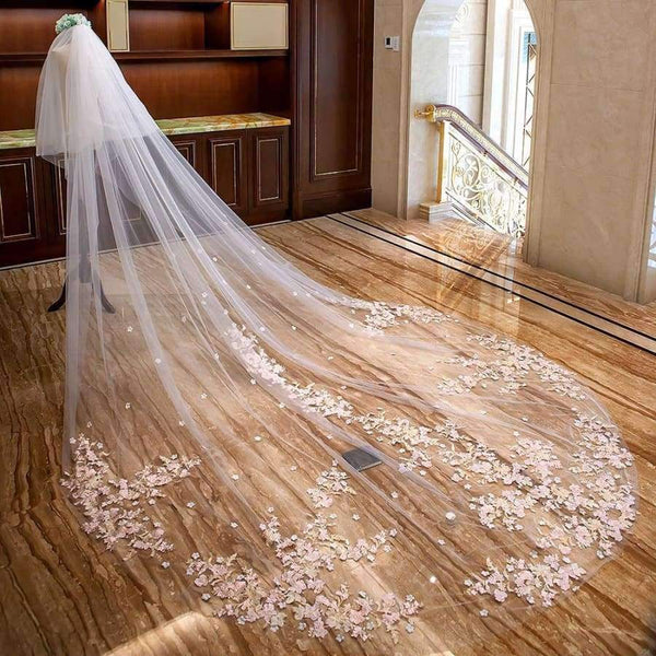 Planet Gates Wedding Veil With Comb Pink Flower arrangement Appliques Soft Tulle 3m Meters Long Bridal Veil Wedding Accessories