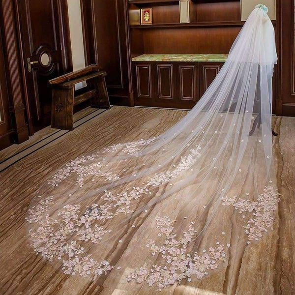 Planet Gates Wedding Veil With Comb Pink Flower arrangement Appliques Soft Tulle 3m Meters Long Bridal Veil Wedding Accessories