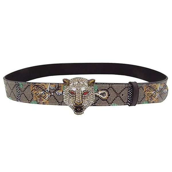 Western Rhinestone Tiger Buckle Tiger Print Leather Men Belt Fashion Jeans Causal Pants Men Belt