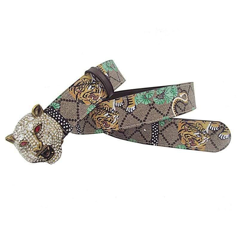 Western Rhinestone Tiger Buckle Tiger Print Leather Men Belt Fashion Jeans Causal Pants Men Belt