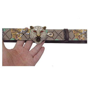 Western Rhinestone Tiger Buckle Tiger Print Leather Men Belt Fashion Jeans Causal Pants Men Belt