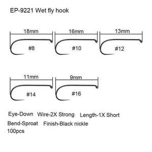 Planet Gates Wet fly hook 9221 / 1 100pcs Competition Fly Fishing Hook Barbless No Barb hook Fishing Dry Nymph Shirmp Wet Caddis Fly Hook Black Nickle New