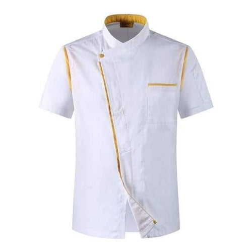 Planet Gates White 1 / One Size Men Women Oblique Collar Single Breasted Short Sleeves Spliced Bakery Work Uniforms Summer High Quality Chef Jacket