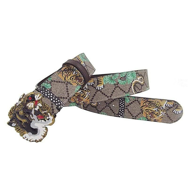 Western Rhinestone Tiger Buckle Tiger Print Leather Men Belt Fashion Jeans Causal Pants Men Belt