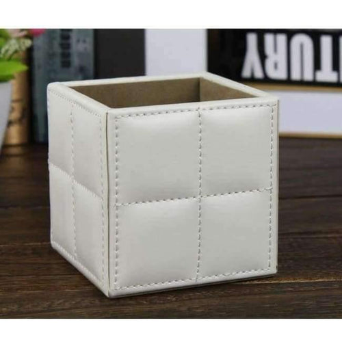 Planet Gates white 10cm square stitching PU leather desk pen pencil holder case stationery organizer office supplies desktop accessories 205A