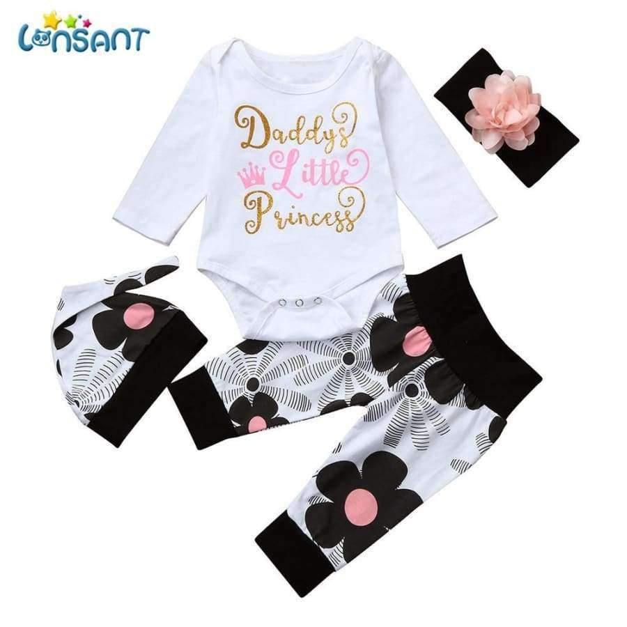 Planet Gates White / 18M / China Newborn Infant Baby Girl Letter Long Sleeve Casual Romper Tops+Floral Pants Hat 4Pcs Girls Clothes