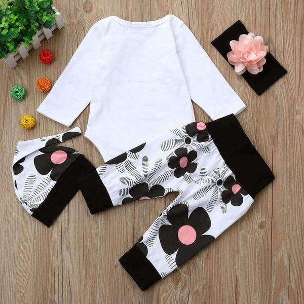 Planet Gates White / 18M / China Newborn Infant Baby Girl Letter Long Sleeve Casual Romper Tops+Floral Pants Hat 4Pcs Girls Clothes