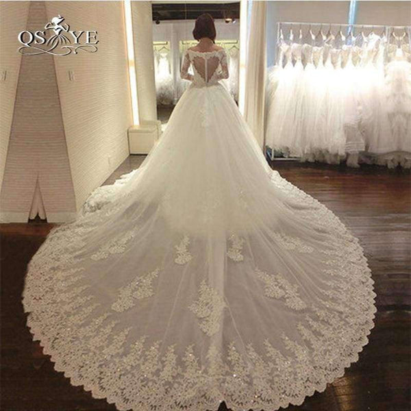Planet Gates White / 2 / 100cm Wedding Dresses with Detachable Train 2018 New Arrival Long Sleeve Sweetheart Beaded Appliques Bridal Dress Gown