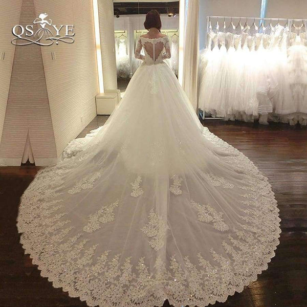 Planet Gates White / 2 / 100cm Wedding Dresses with Detachable Train 2018 New Arrival Long Sleeve Sweetheart Beaded Appliques Bridal Dress Gown