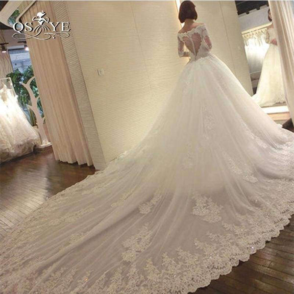 Planet Gates White / 2 / 100cm Wedding Dresses with Detachable Train 2018 New Arrival Long Sleeve Sweetheart Beaded Appliques Bridal Dress Gown