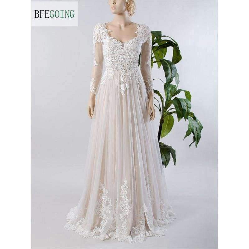 Planet Gates White / 2 / 50cm Lace Tulle Long Sleeves   Floor-Length  V-Neck   A-line Wedding Dress Court Train  Custom made