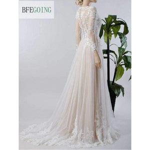 Planet Gates White / 2 / 50cm Lace Tulle Long Sleeves   Floor-Length  V-Neck   A-line Wedding Dress Court Train  Custom made