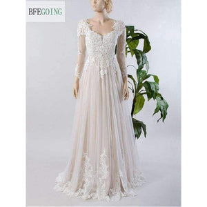 Planet Gates White / 2 / 50cm Lace Tulle Long Sleeves   Floor-Length  V-Neck   A-line Wedding Dress Court Train  Custom made
