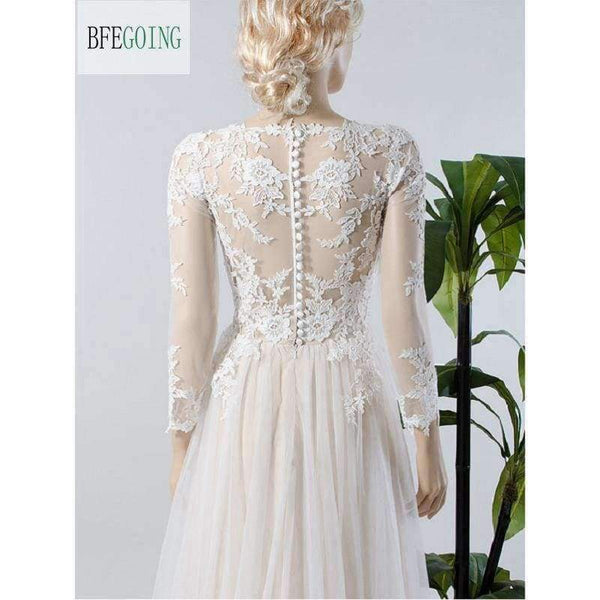 Planet Gates White / 2 / 50cm Lace Tulle Long Sleeves   Floor-Length  V-Neck   A-line Wedding Dress Court Train  Custom made