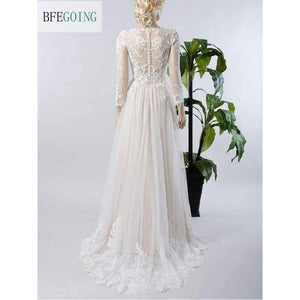 Planet Gates White / 2 / 50cm Lace Tulle Long Sleeves   Floor-Length  V-Neck   A-line Wedding Dress Court Train  Custom made