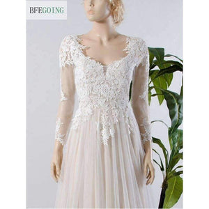 Planet Gates White / 2 / 50cm Lace Tulle Long Sleeves   Floor-Length  V-Neck   A-line Wedding Dress Court Train  Custom made