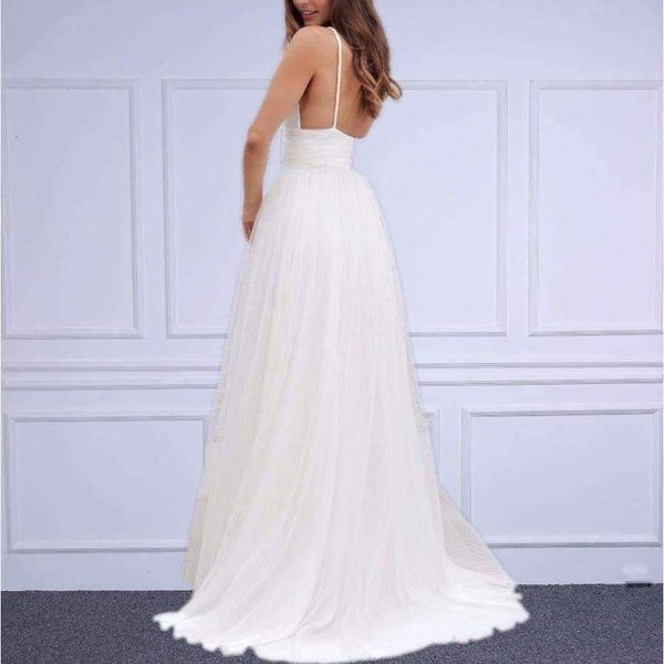 Planet Gates White / 2 Beach Wedding Dresses Spaghetti Straps Pure White Ruched Tulle 2017 Wedding Gown Simple Style Bridal Gowns