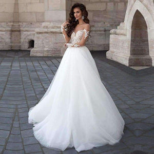 Planet Gates white / 2 Bridal  Fashion Sweetheart Illouion Long Sleeve Wedding Dress A-line Backless Lace Appliques Customized Bridal Gown