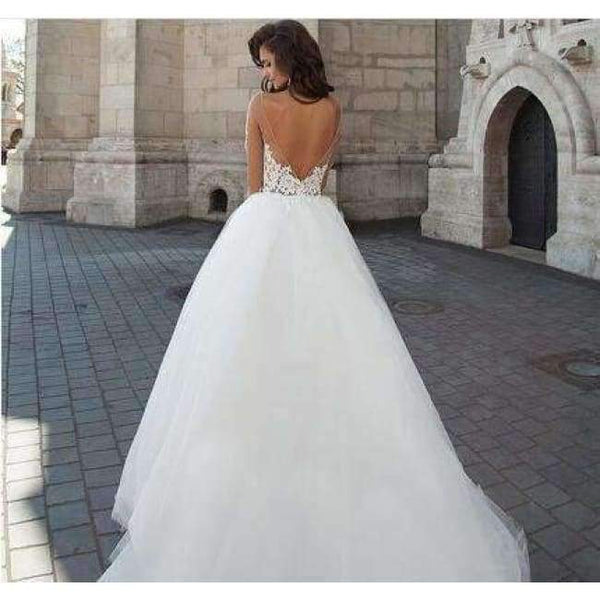 Planet Gates white / 2 Bridal  Fashion Sweetheart Illouion Long Sleeve Wedding Dress A-line Backless Lace Appliques Customized Bridal Gown