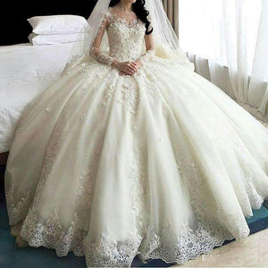 Planet Gates White / 2 Dubai Crystal Flowers Ball Gown Wedding Dresses 2017 New Long Sleeve Muslim Lace Appliques Wedding Gowns Bridal Dress
