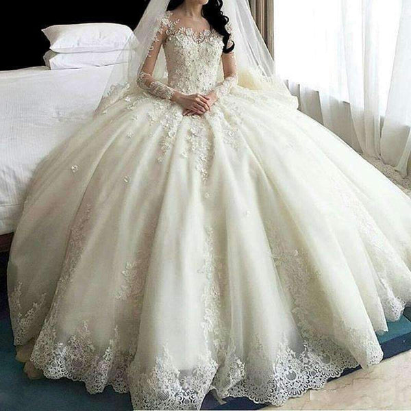 Planet Gates White / 2 Dubai Crystal Flowers Ball Gown Wedding Dresses 2017 New Long Sleeve Muslim Lace Appliques Wedding Gowns Bridal Dress