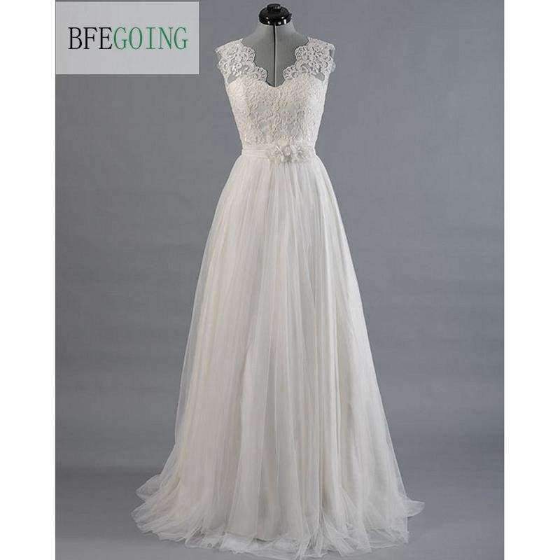 Planet Gates White / 2 Lace  Tullle V-Neck Wedding dress Sweep/Brush Train Floor-Length  Cap Sleeves  Bridal Gown Custom made